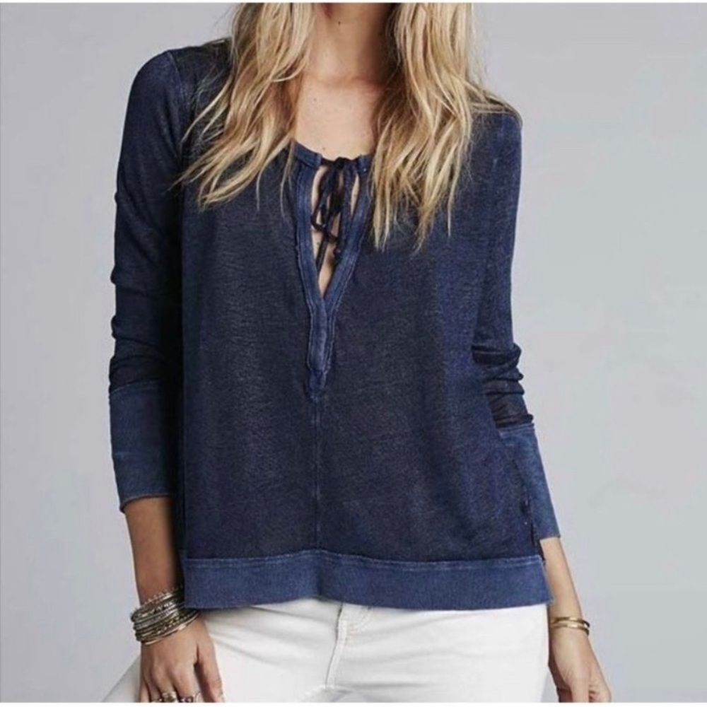 𝅺Free People Affogato Hacci Linen Blend Blouse Indigo Size S